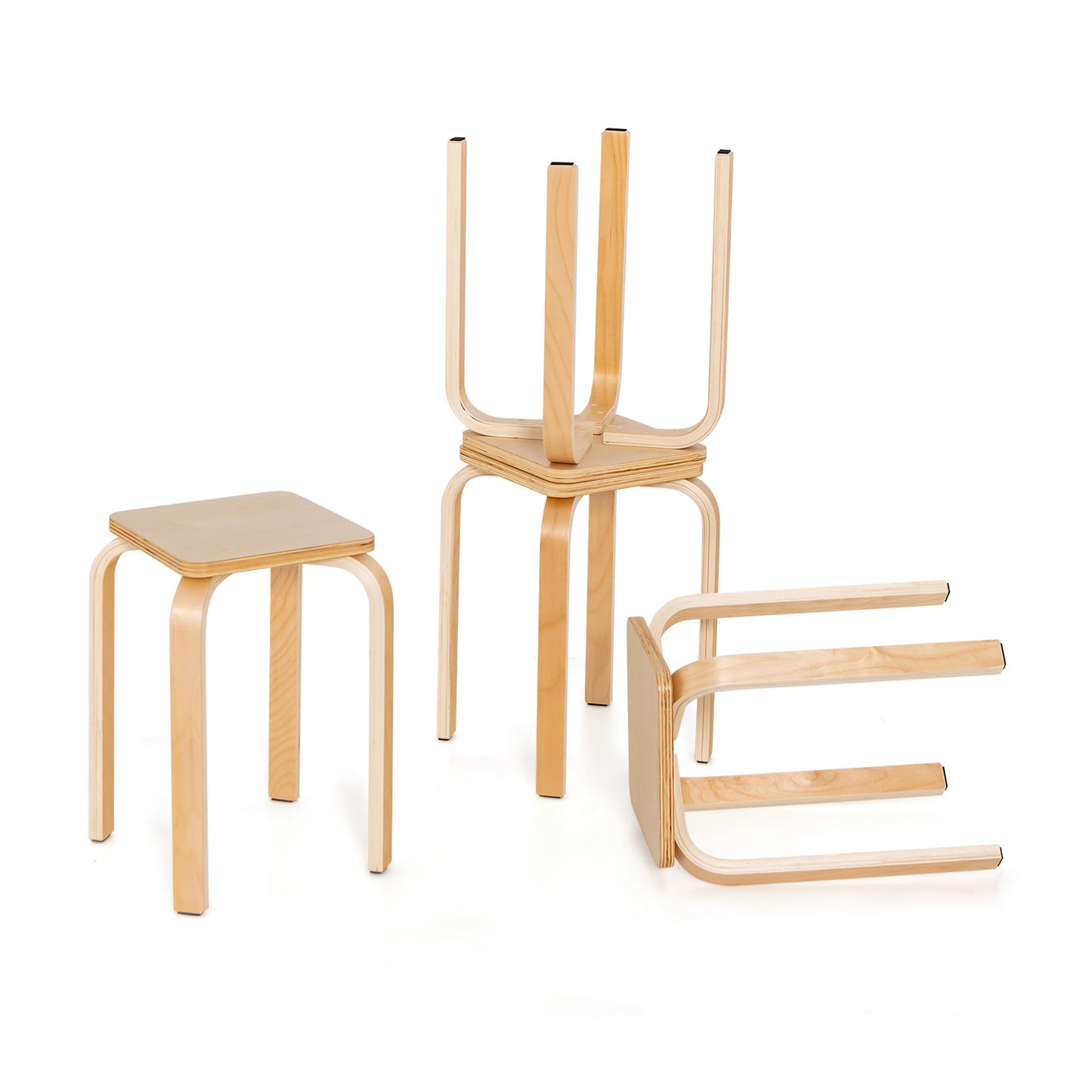 Square Wooden Stools Set of 4 with Anti-Slip Pads