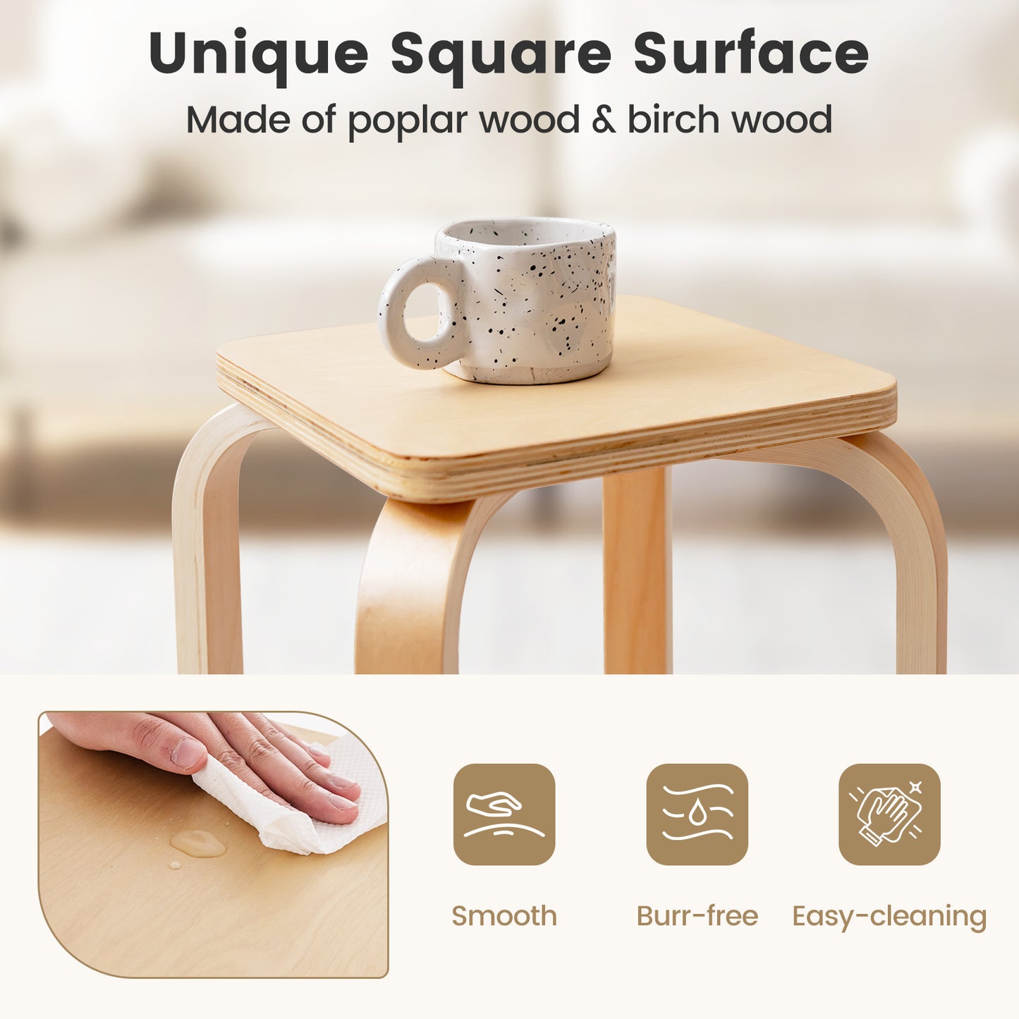 Square Wooden Stools Set of 4 with Anti-Slip Pads