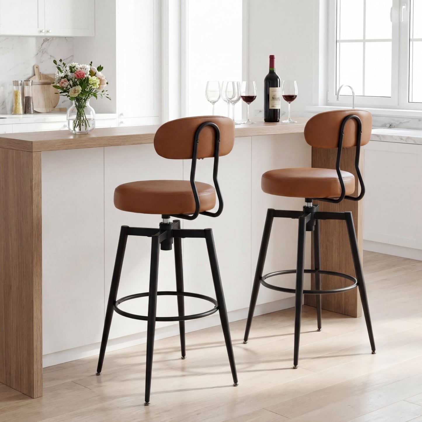 Set of 4 Swivel Barstools Faux Leather with Upholstered Seat and Back