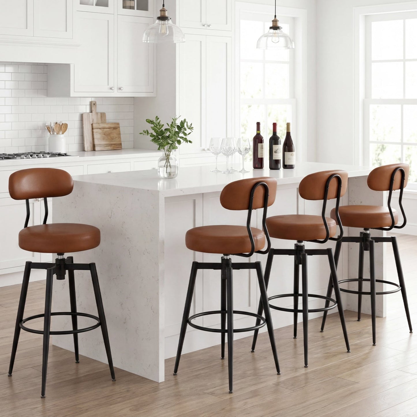 Set of 4 Swivel Barstools Faux Leather with Upholstered Seat and Back
