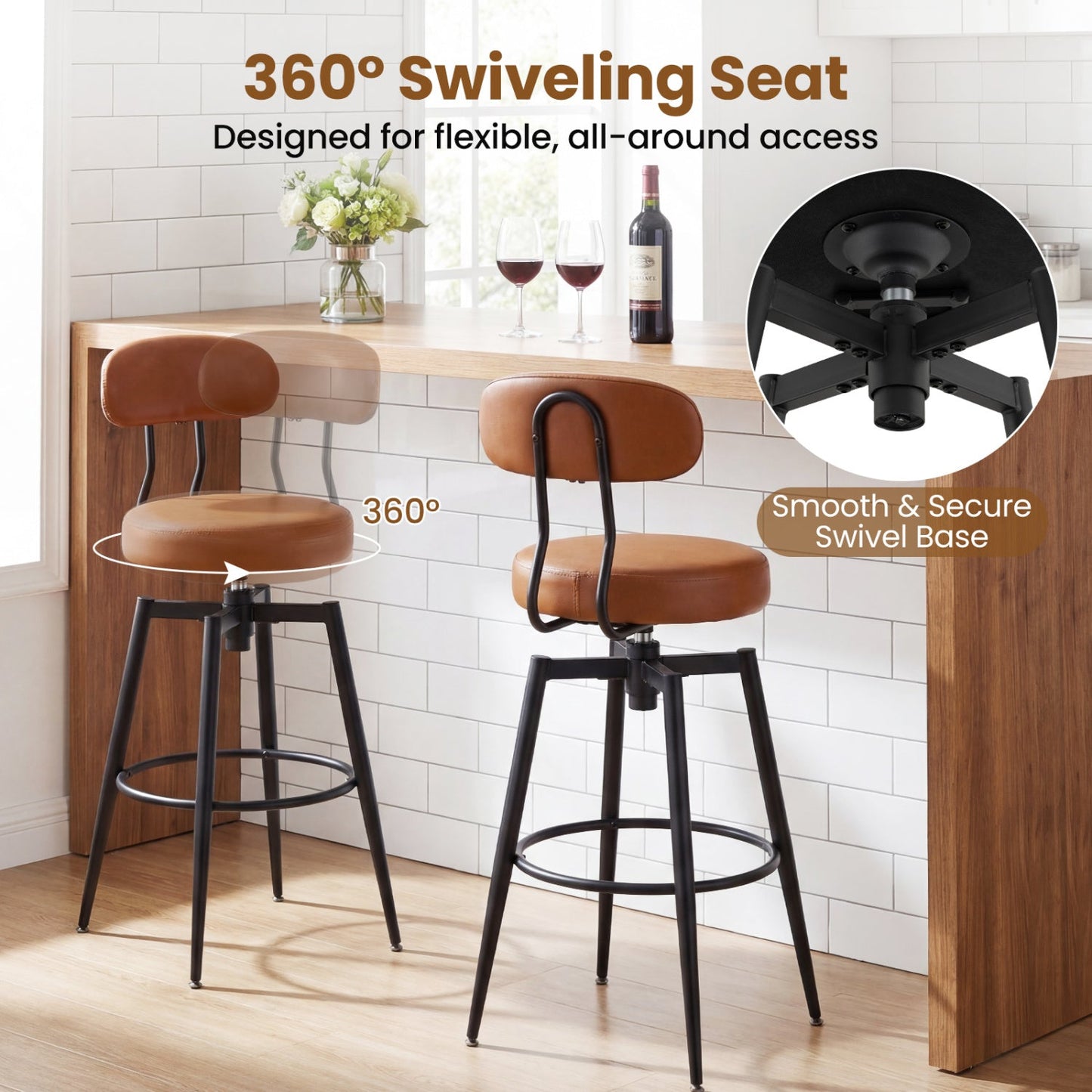 Set of 4 Swivel Barstools Faux Leather with Upholstered Seat and Back