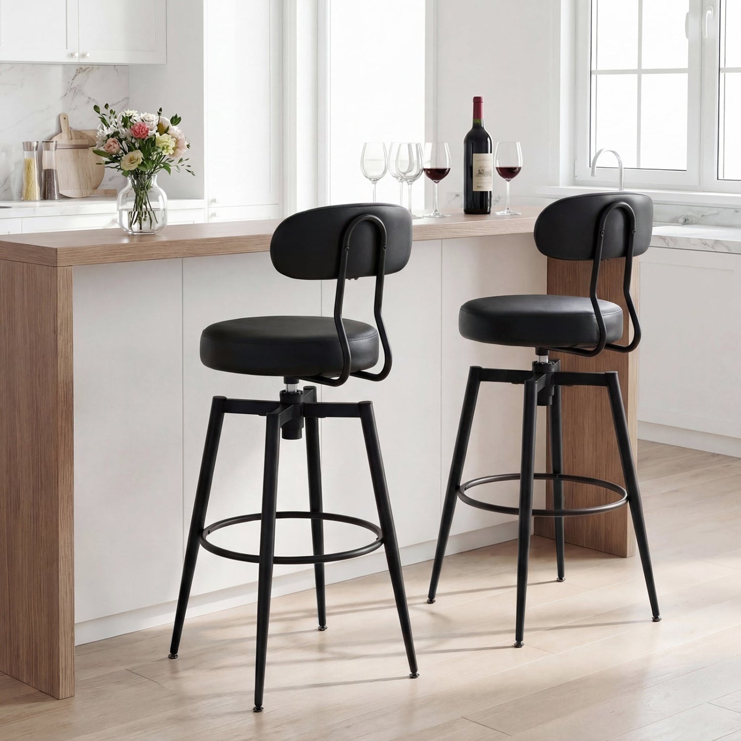 Set of 4 Swivel Barstools Faux Leather with Upholstered Seat and Back