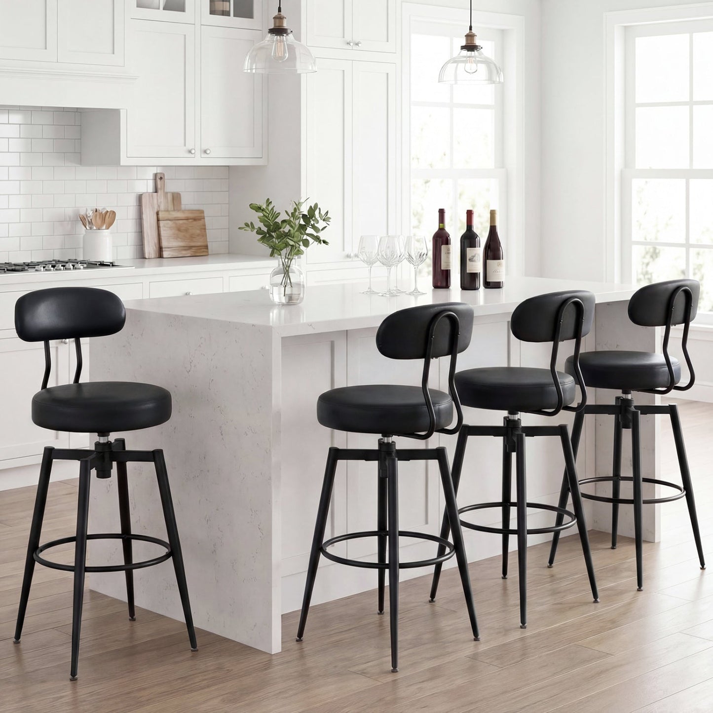 Set of 4 Swivel Barstools Faux Leather with Upholstered Seat and Back