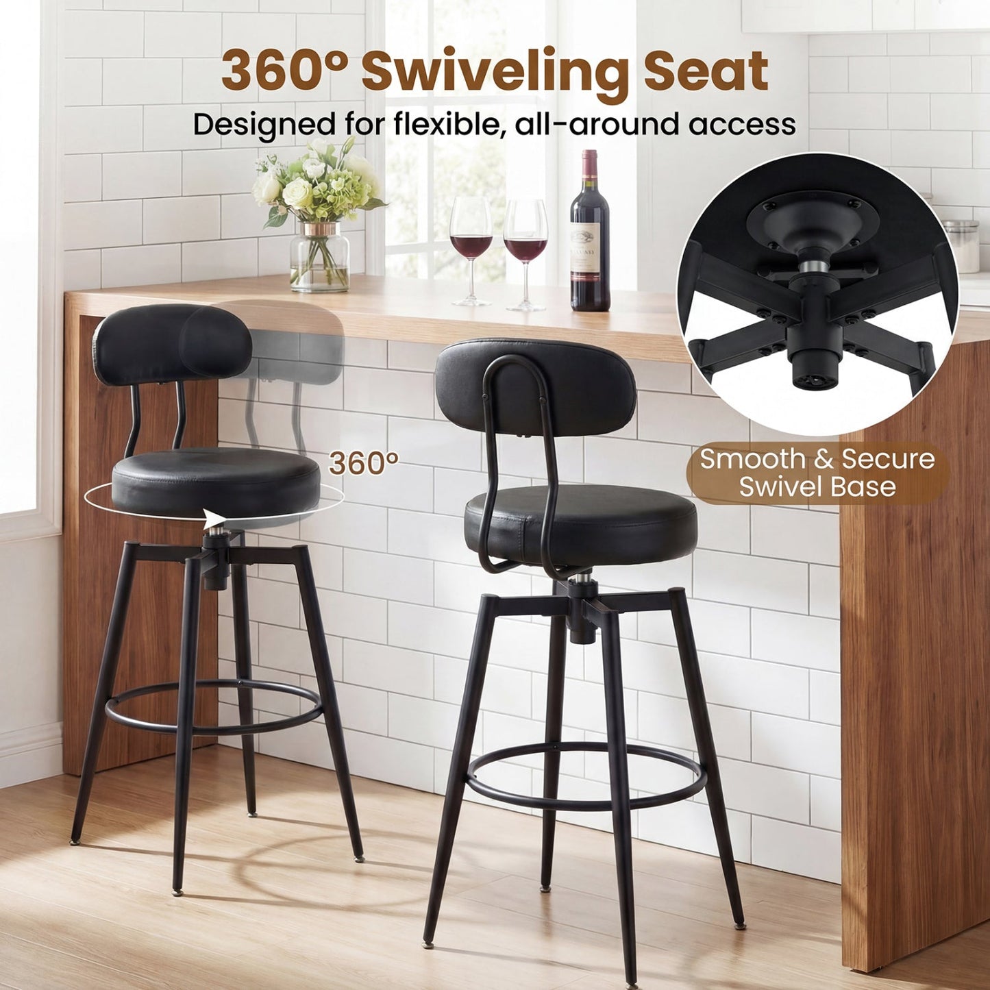 Set of 4 Swivel Barstools Faux Leather with Upholstered Seat and Back