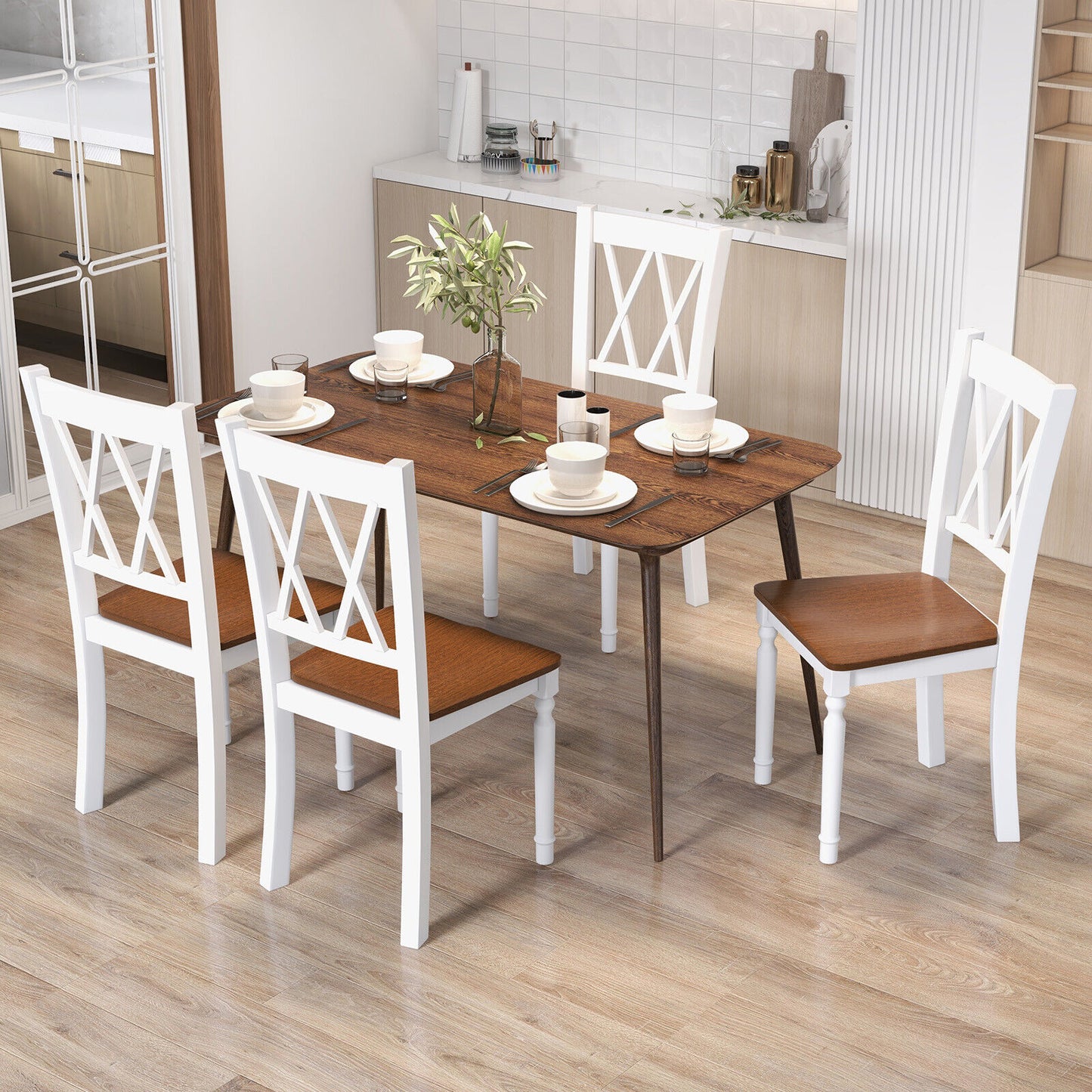 Wooden Farmhouse Dining Chairs Set of 4 with Rubber Wood Seat