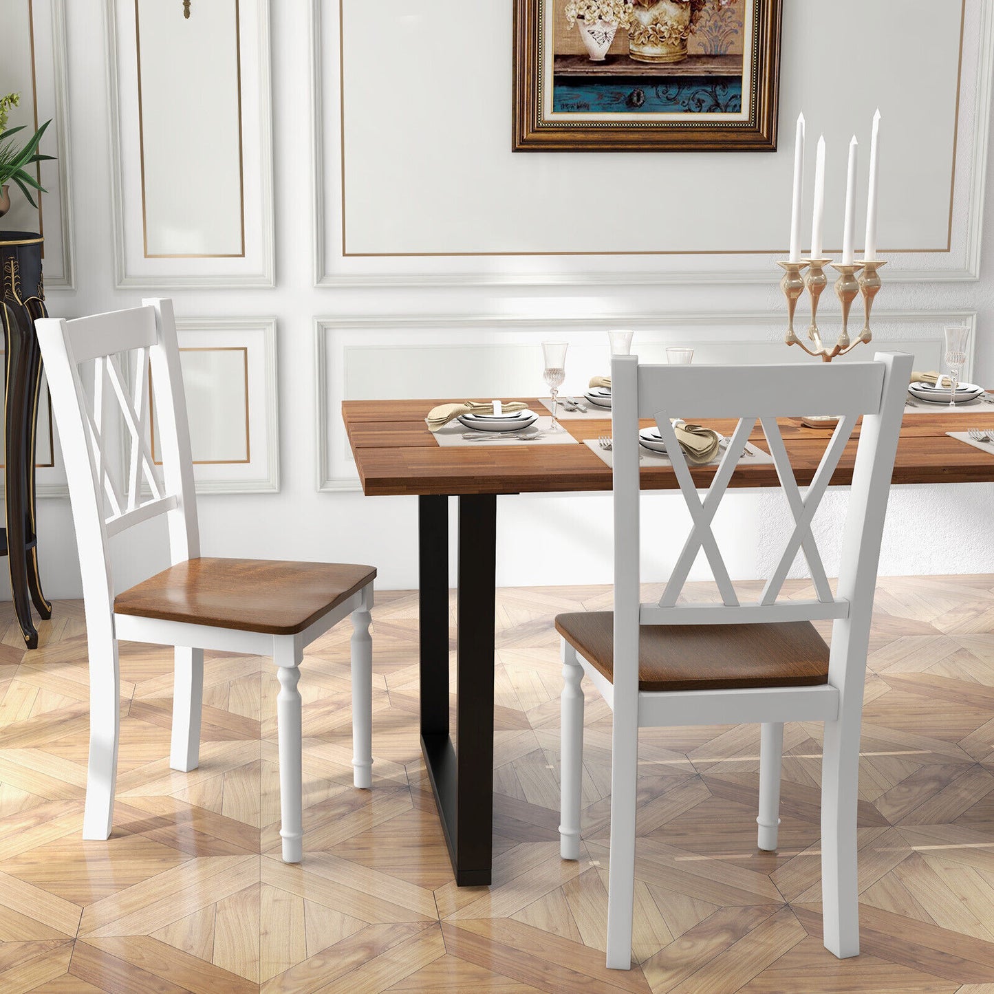Wooden Farmhouse Dining Chairs Set of 4 with Rubber Wood Seat