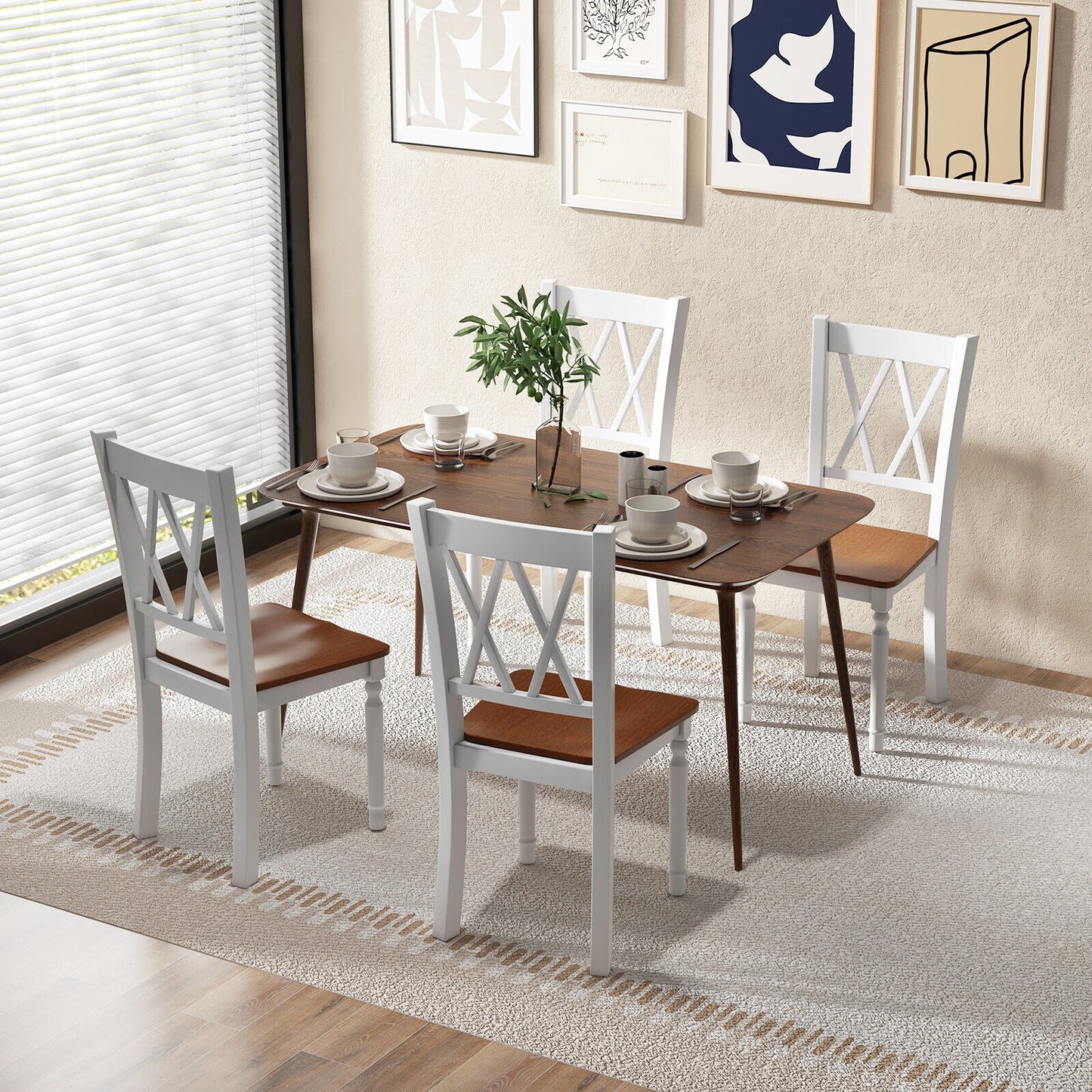 Wooden Farmhouse Dining Chairs Set of 4 with Rubber Wood Seat