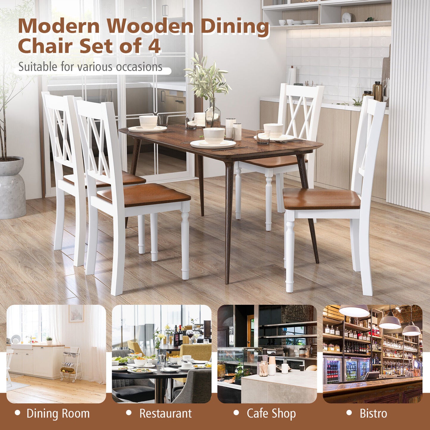 Wooden Farmhouse Dining Chairs Set of 4 with Rubber Wood Seat