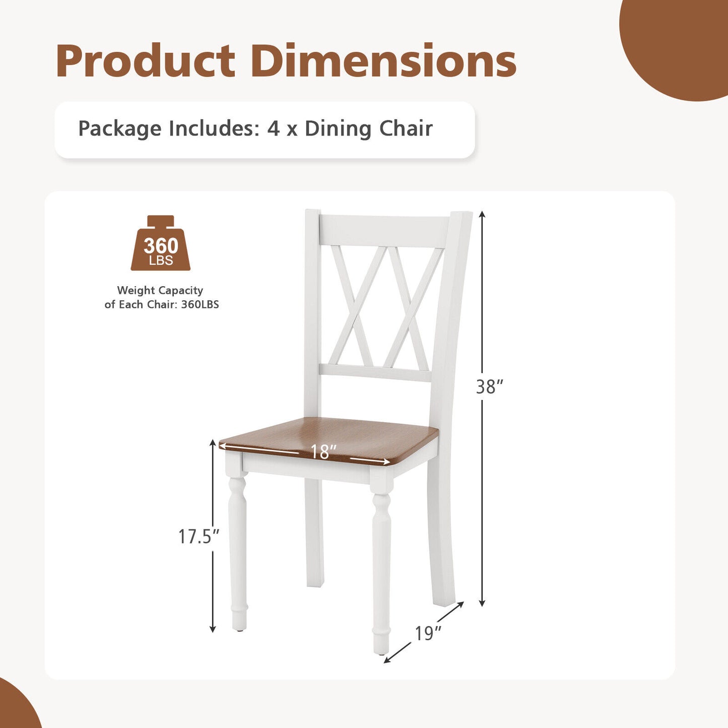 Wooden Farmhouse Dining Chairs Set of 4 with Rubber Wood Seat