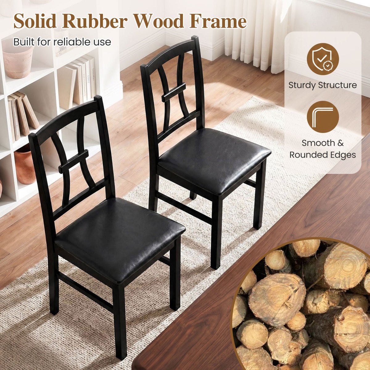 Wooden Dining Chairs Set of 4 with Padded Faux Leather Seats