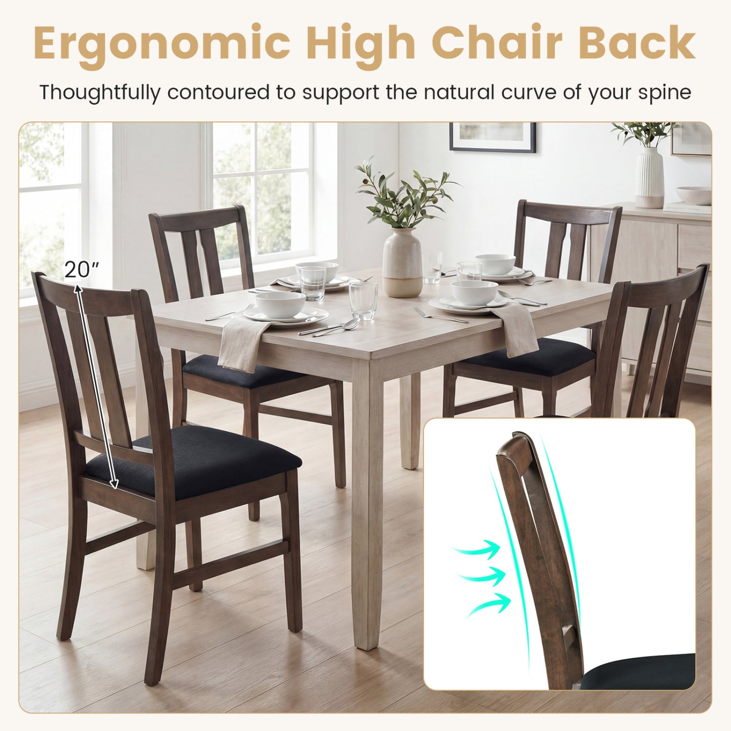 Wooden Upholstered Dining Chairs Set of 4 with High Back