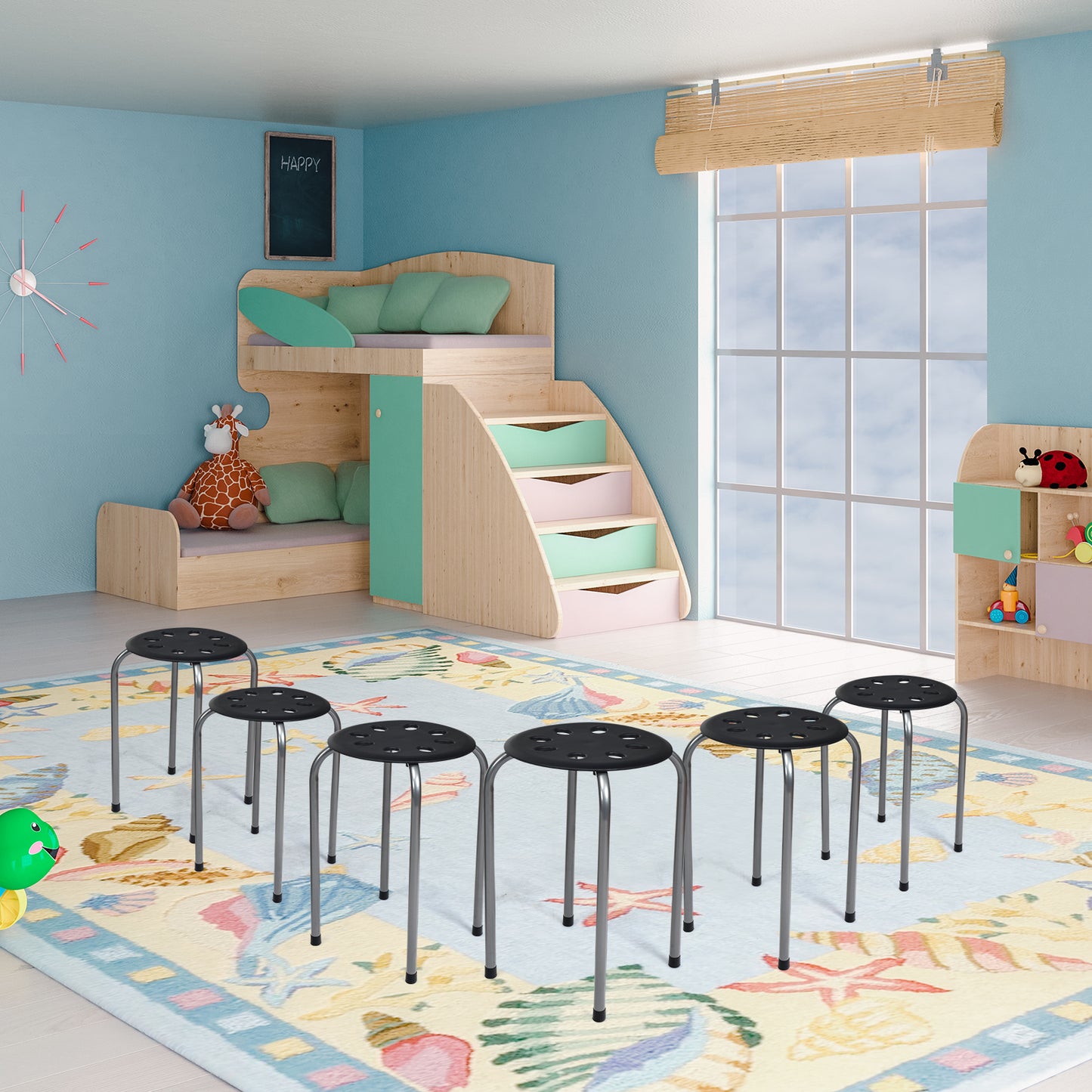 Stackable Plastic Stools Set of 6 with Steel Frame