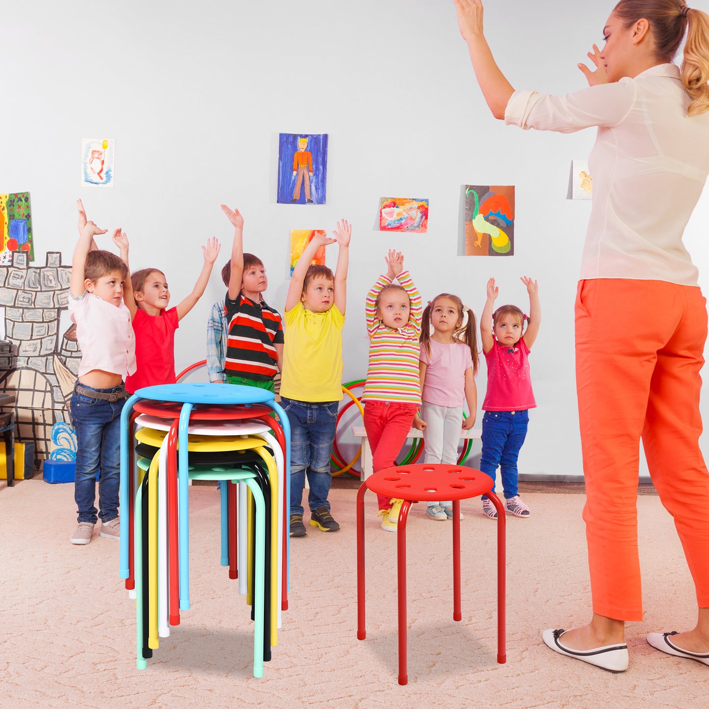Stackable Plastic Stools Set of 6 with Steel Frame