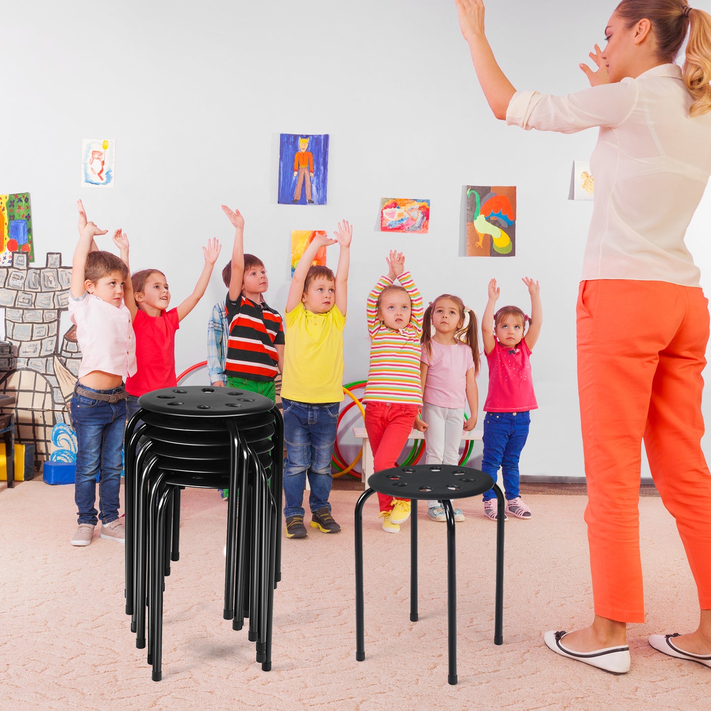 Stackable Plastic Stools Set of 6 with Steel Frame