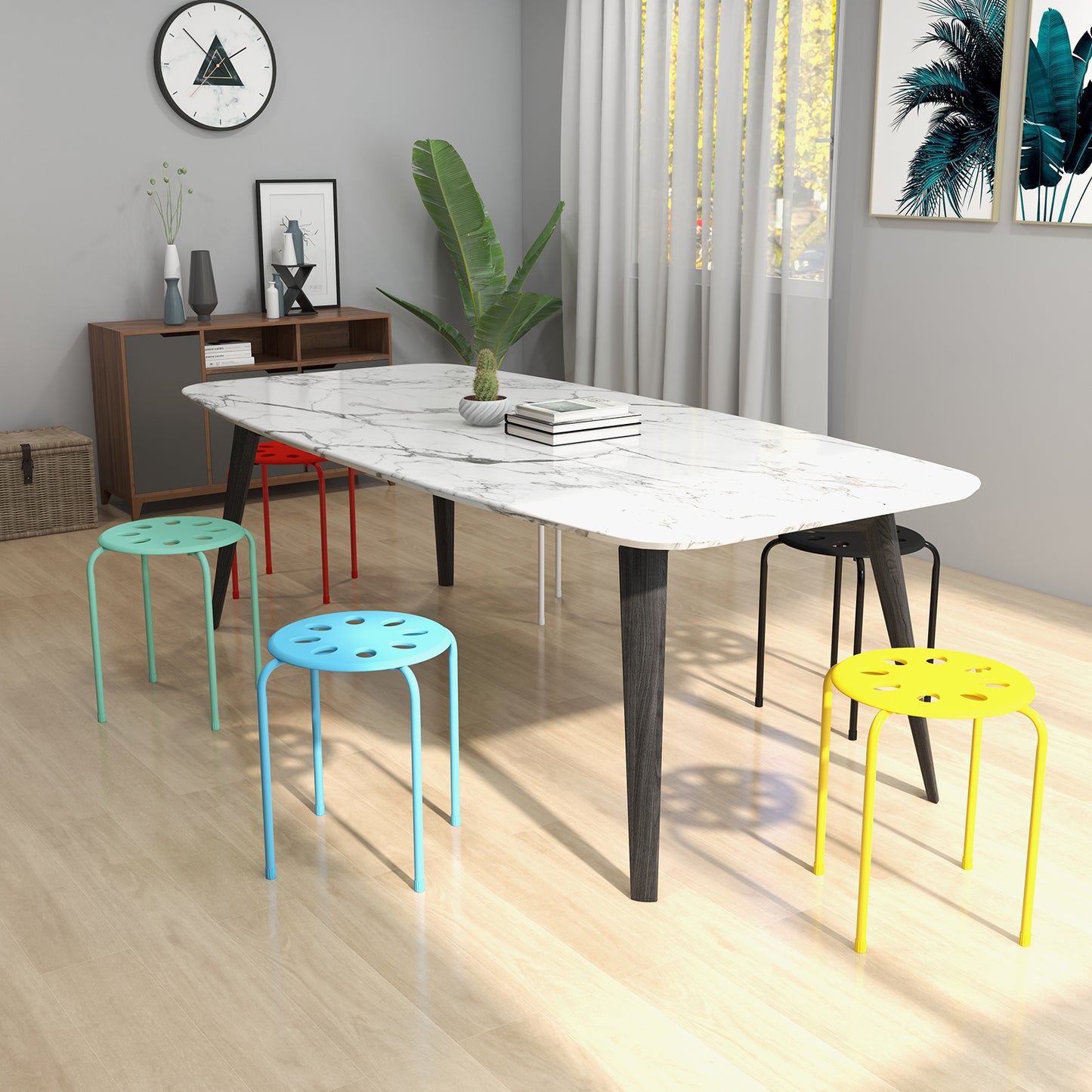 Stackable Plastic Stools Set of 6 with Steel Frame