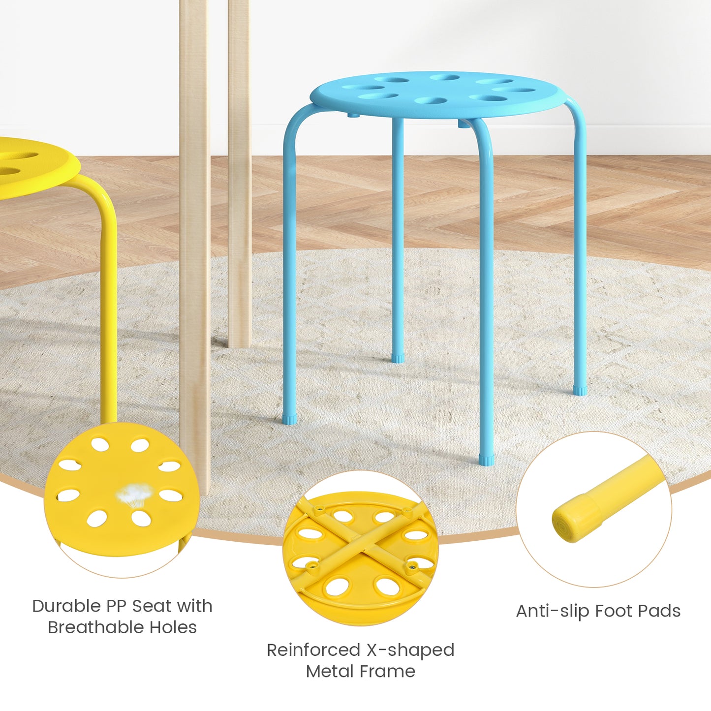 Stackable Plastic Stools Set of 6 with Steel Frame