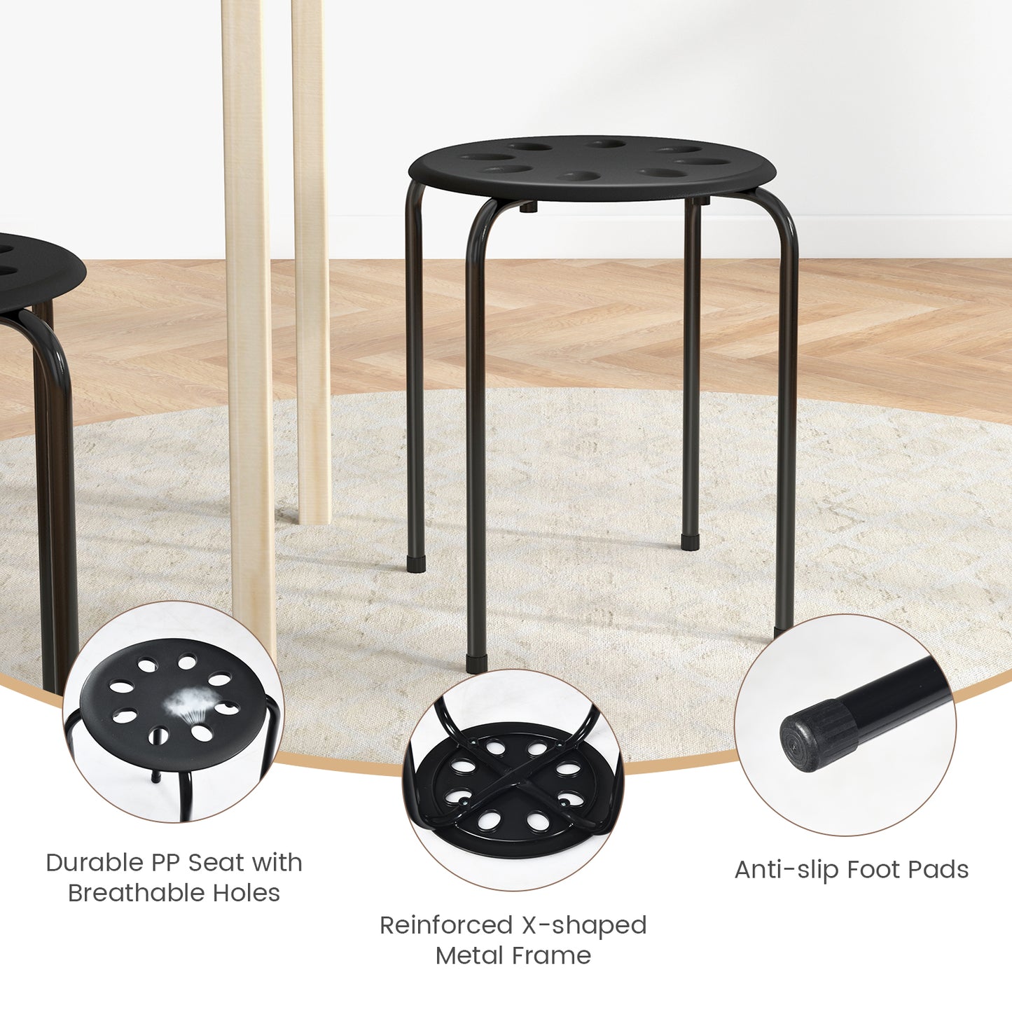 Stackable Plastic Stools Set of 6 with Steel Frame