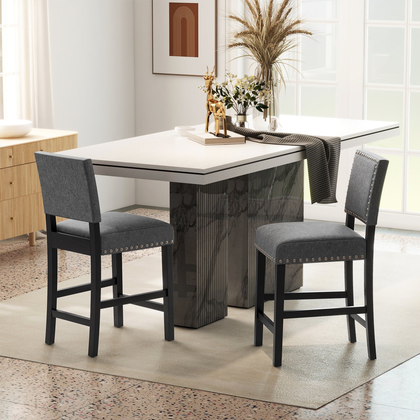 Counter Height Dining Chairs Set of 2 with Rubber Wood Frame