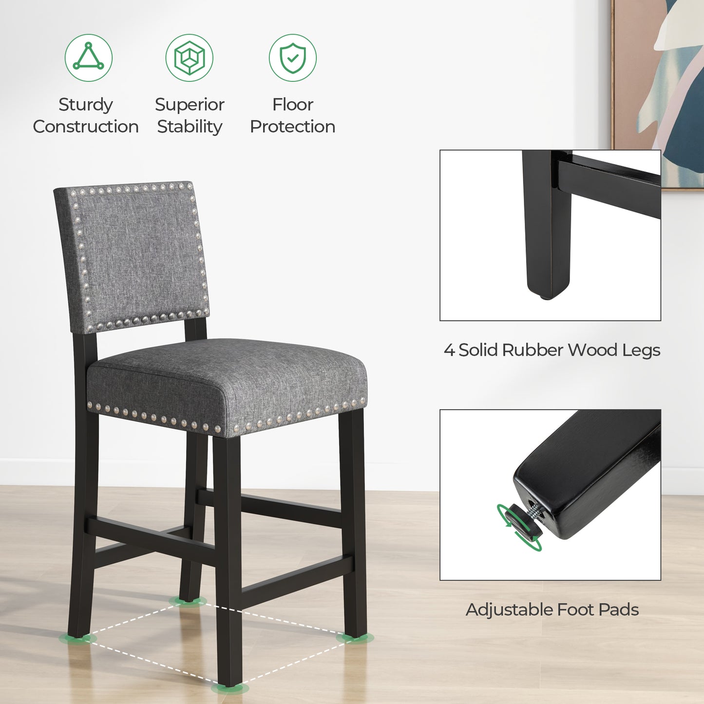 Counter Height Dining Chairs Set of 2 with Rubber Wood Frame
