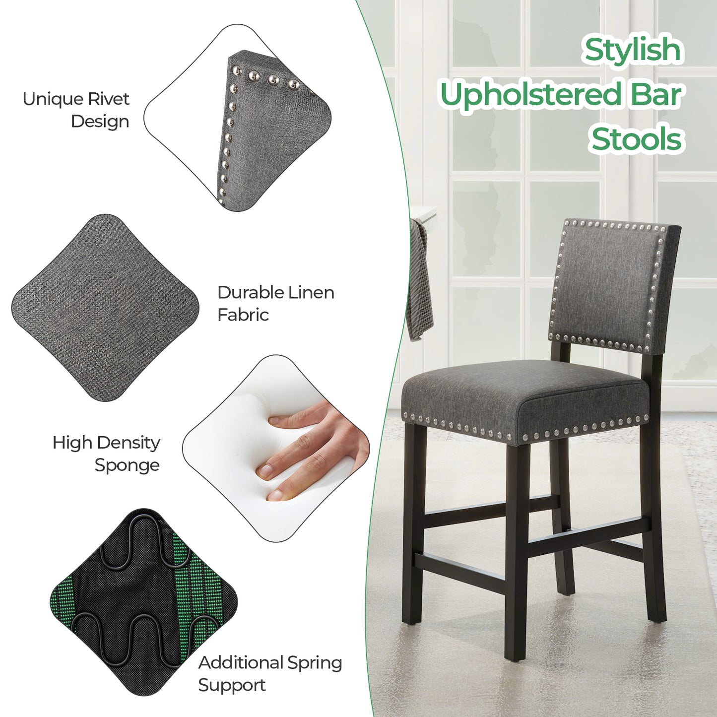 Counter Height Dining Chairs Set of 2 with Rubber Wood Frame