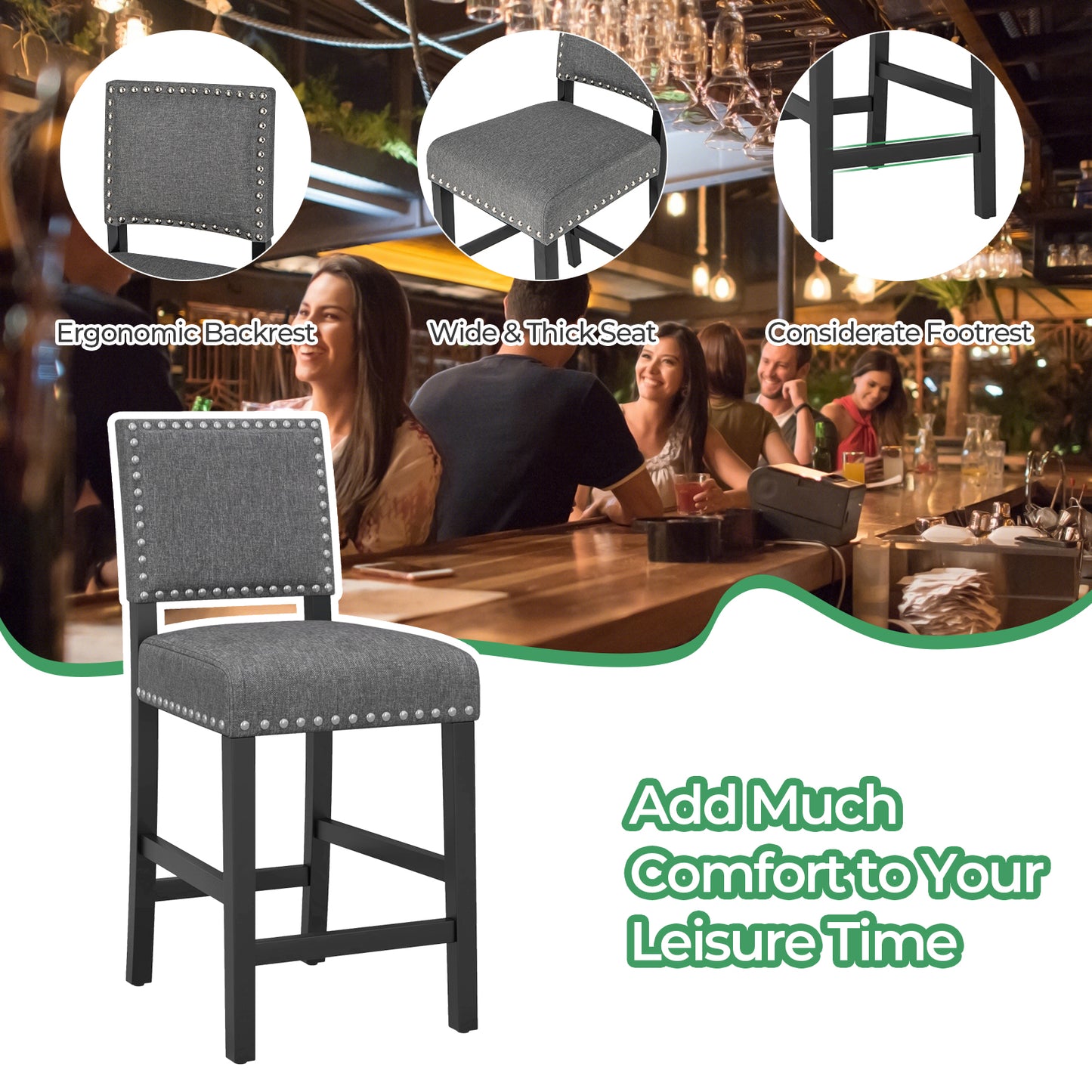 Counter Height Dining Chairs Set of 2 with Rubber Wood Frame