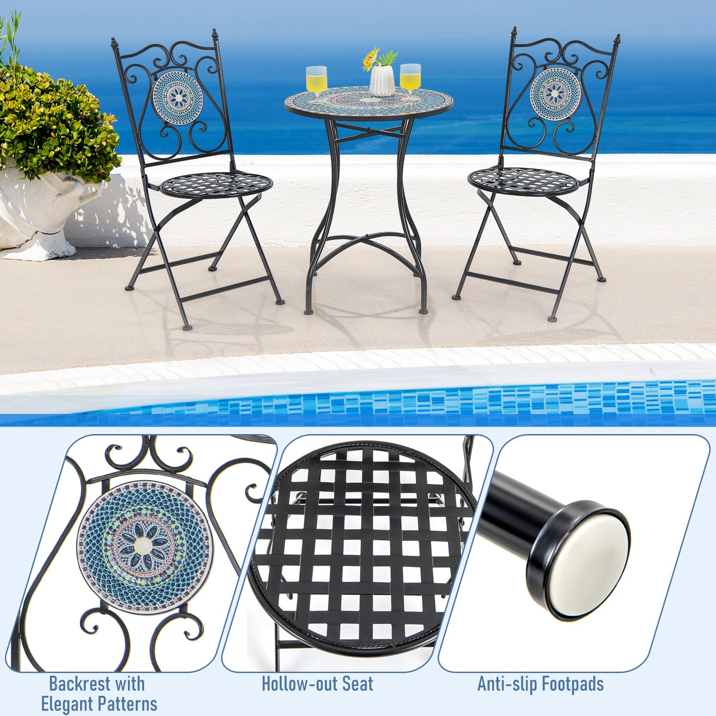 Mosaic Folding Patio Dining Chairs Set of 2 - Metal Frame