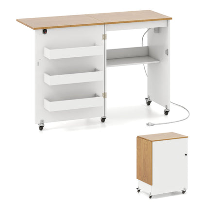 Folding Sewing Table with Charging Station and Casters