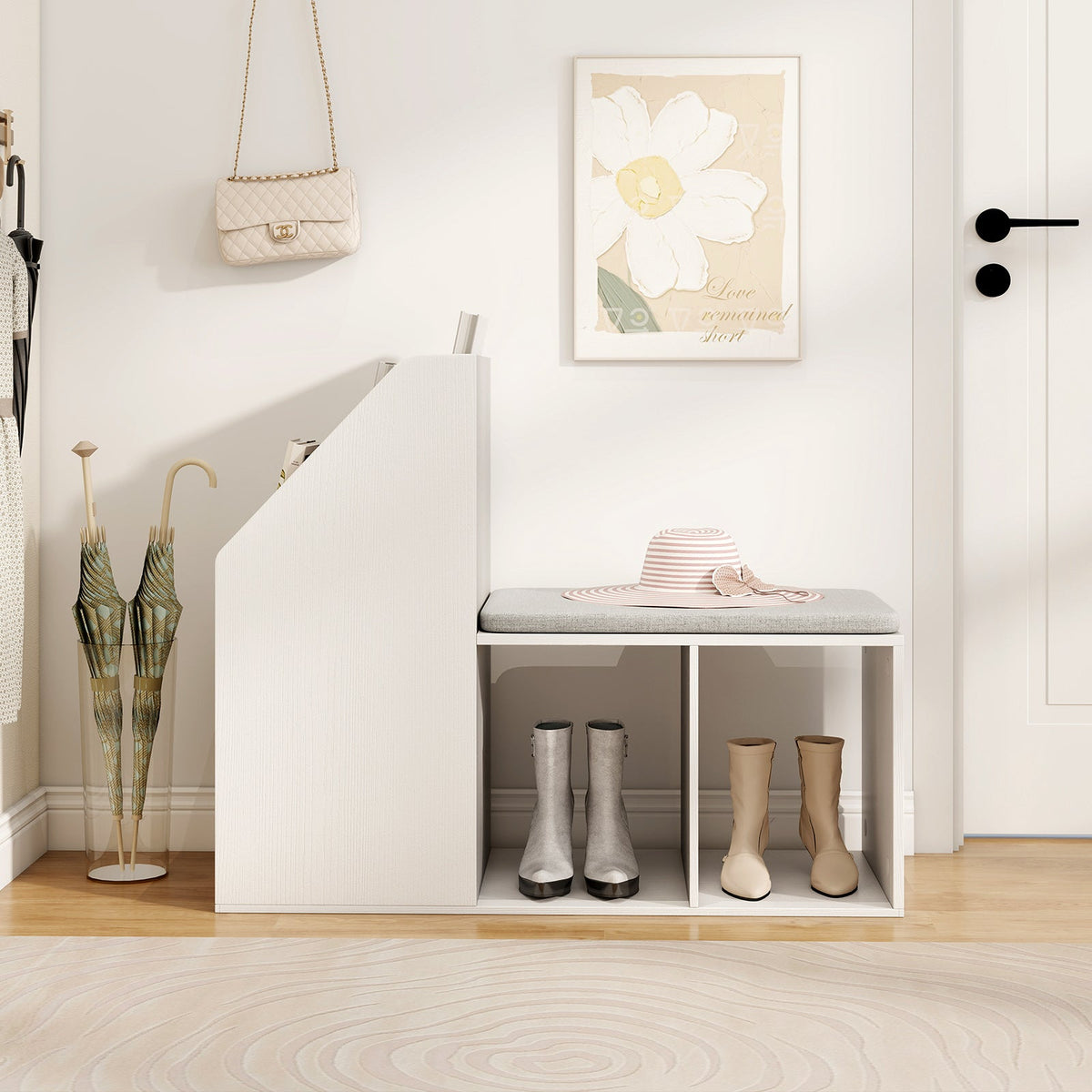 Shoe Storage Bench with Removable Seat Cushion and 6 Storage Compartments-White