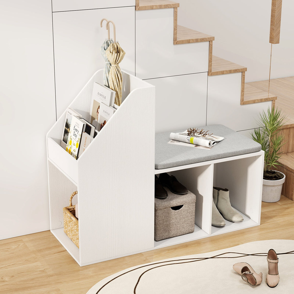 Shoe Storage Bench with Removable Seat Cushion and 6 Storage Compartments-White
