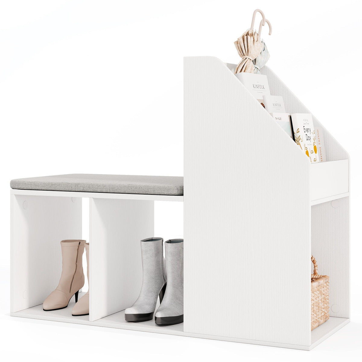 Shoe Storage Bench with Removable Seat Cushion and 6 Storage Compartments-White