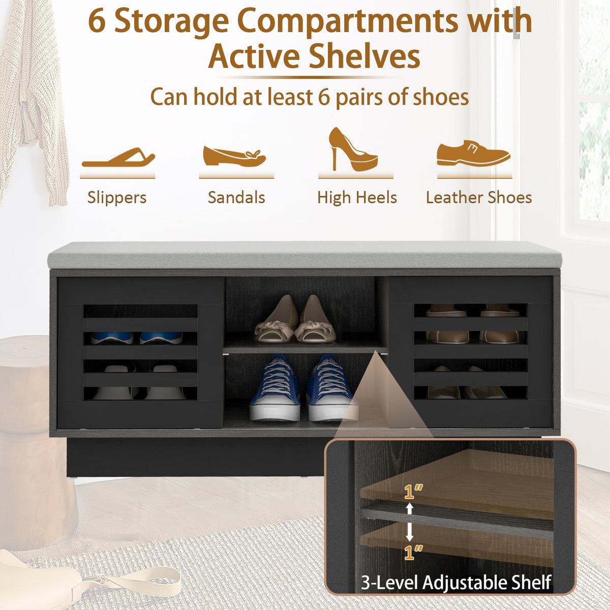 Shoe Bench with 6 Storage Compartments and 3 Adjustable Shelves