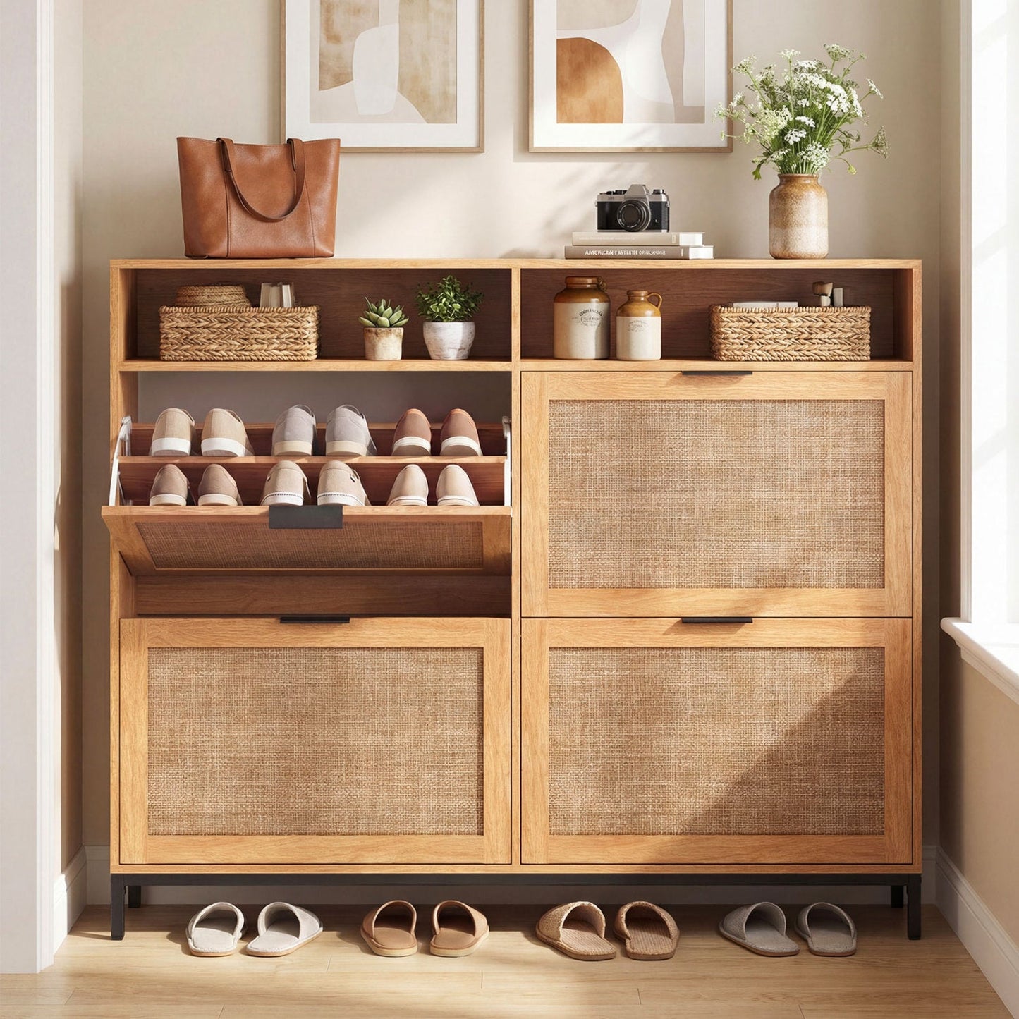 Shoe Storage Cabinet with 4 Flip Drawers Narrow Freestanding Shoe Organizer with Adjustable Shelves