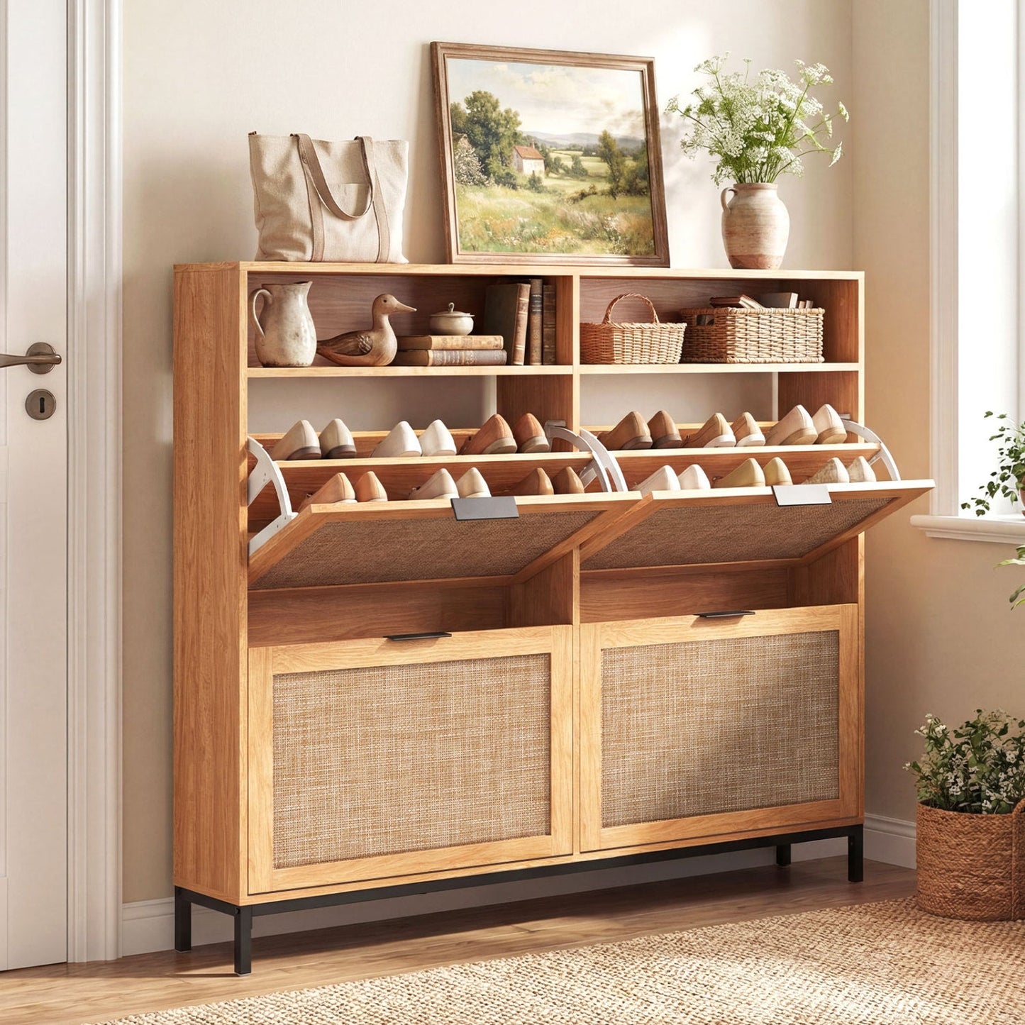 Shoe Storage Cabinet with 4 Flip Drawers Narrow Freestanding Shoe Organizer with Adjustable Shelves