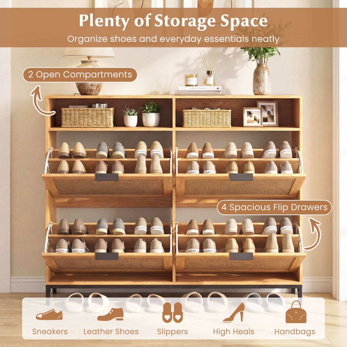 Shoe Storage Cabinet with 4 Flip Drawers Narrow Freestanding Shoe Organizer with Adjustable Shelves