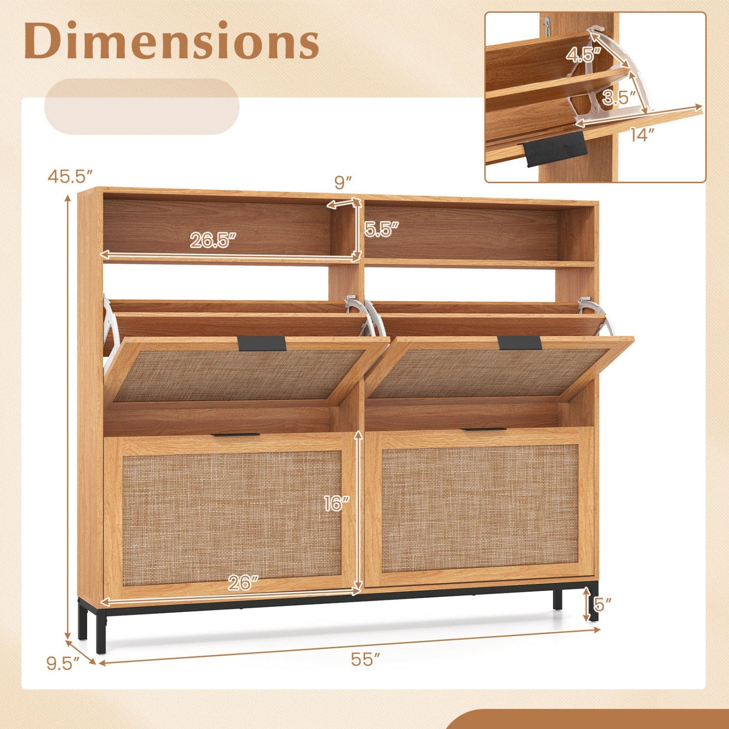Shoe Storage Cabinet with 4 Flip Drawers Narrow Freestanding Shoe Organizer with Adjustable Shelves