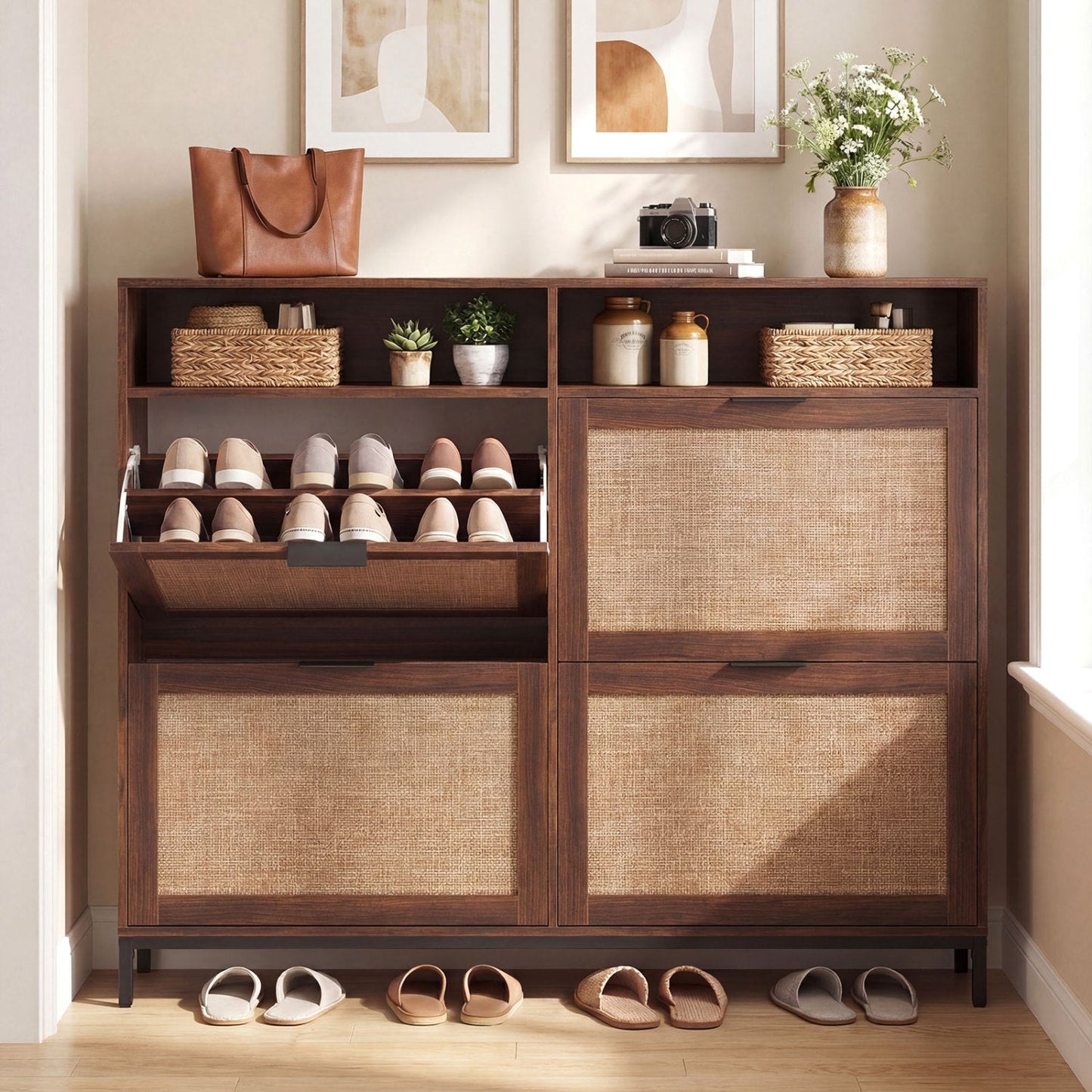 Shoe Storage Cabinet with 4 Flip Drawers Narrow Freestanding Shoe Organizer with Adjustable Shelves