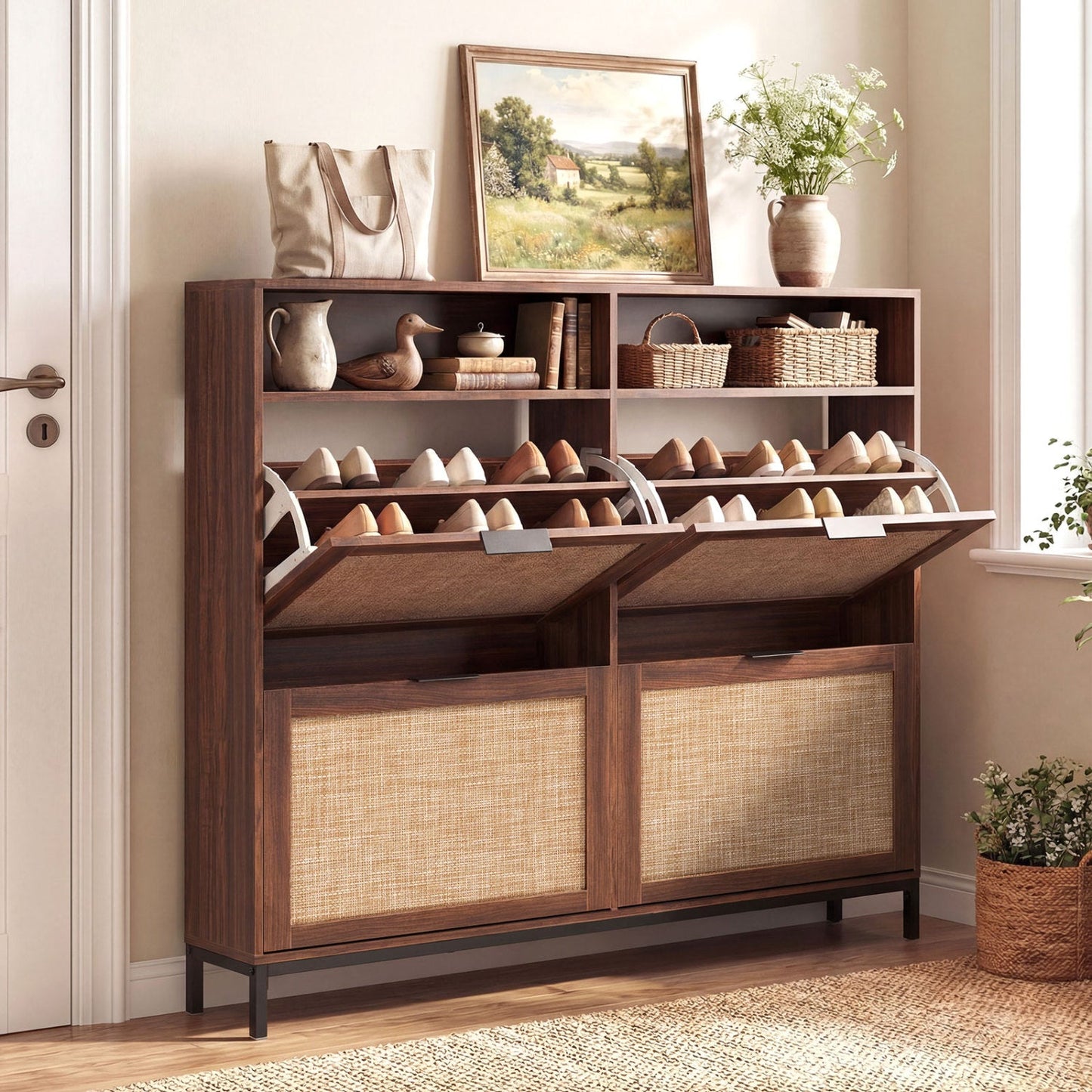 Shoe Storage Cabinet with 4 Flip Drawers Narrow Freestanding Shoe Organizer with Adjustable Shelves