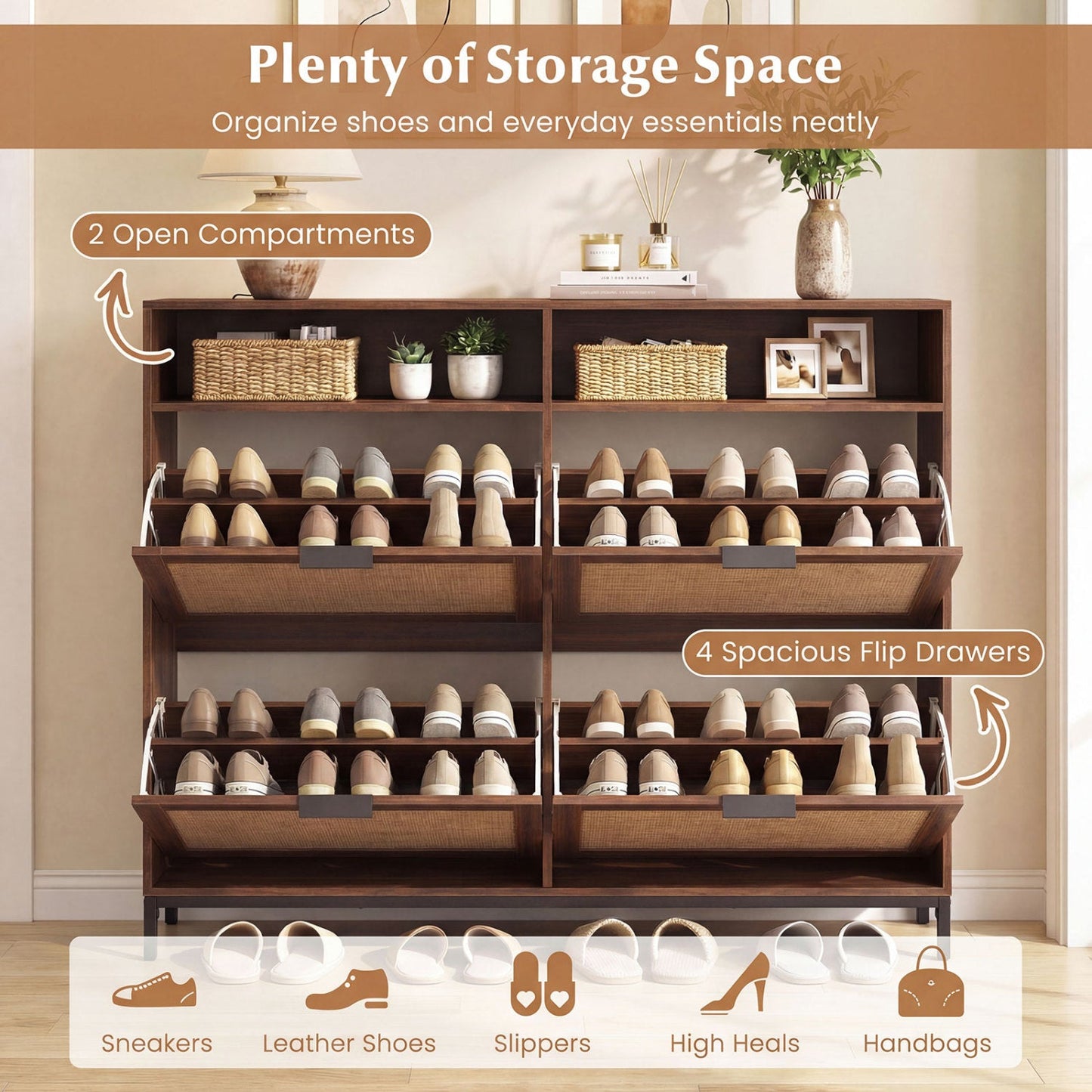 Shoe Storage Cabinet with 4 Flip Drawers Narrow Freestanding Shoe Organizer with Adjustable Shelves