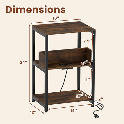 Side End Table with Charging Station and Open Shelves-Rustic Brown