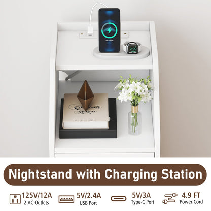 Side End Table with Charging Station Sofa Couch Table with Shelf Drawers