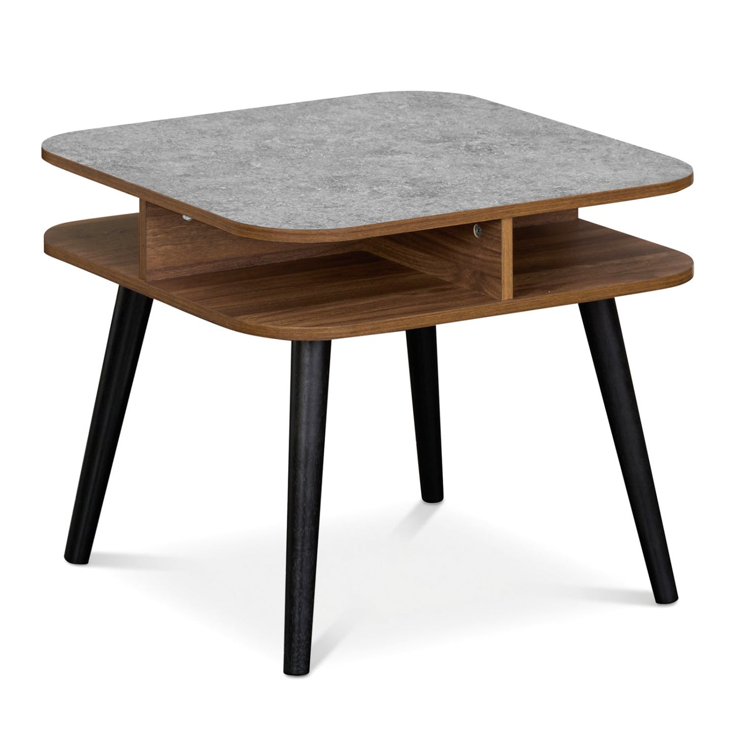 Side Table Faux Marble End Table with Storage Shelves and Rubber Wood Legs