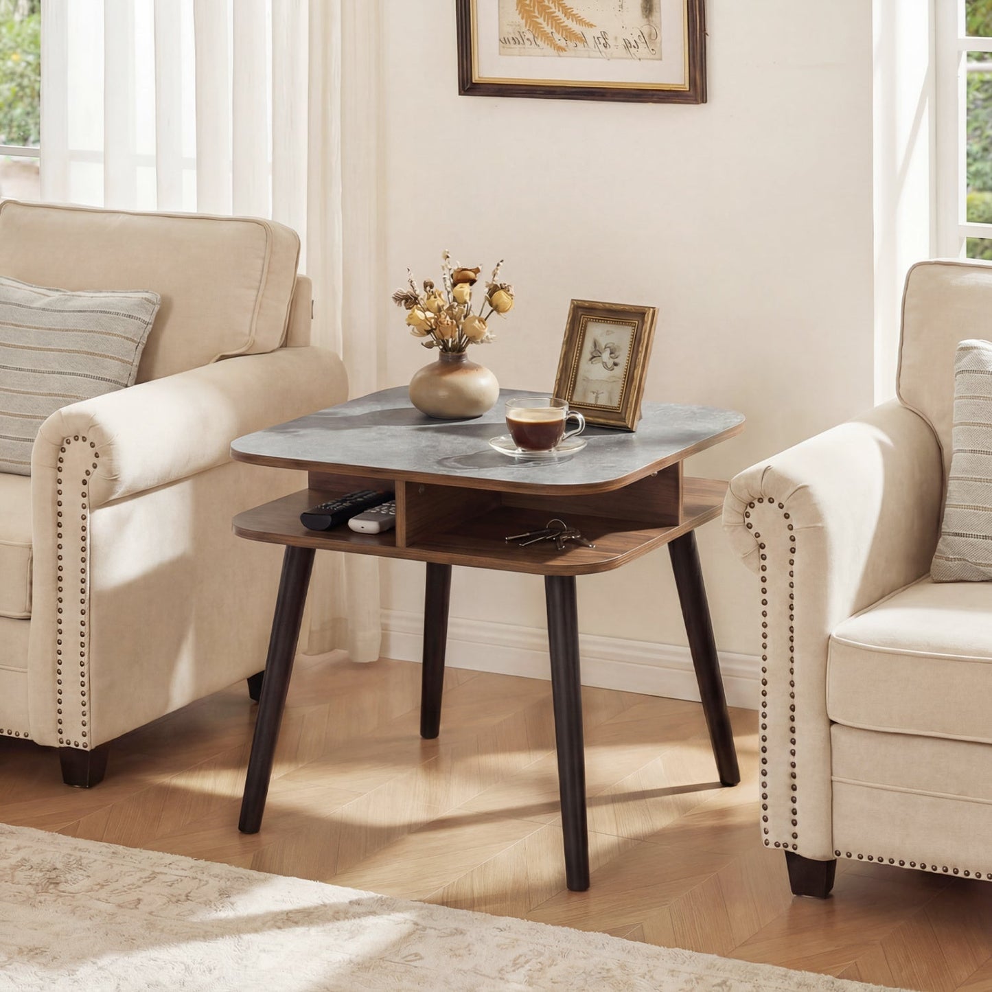 Side Table Faux Marble End Table with Storage Shelves and Rubber Wood Legs