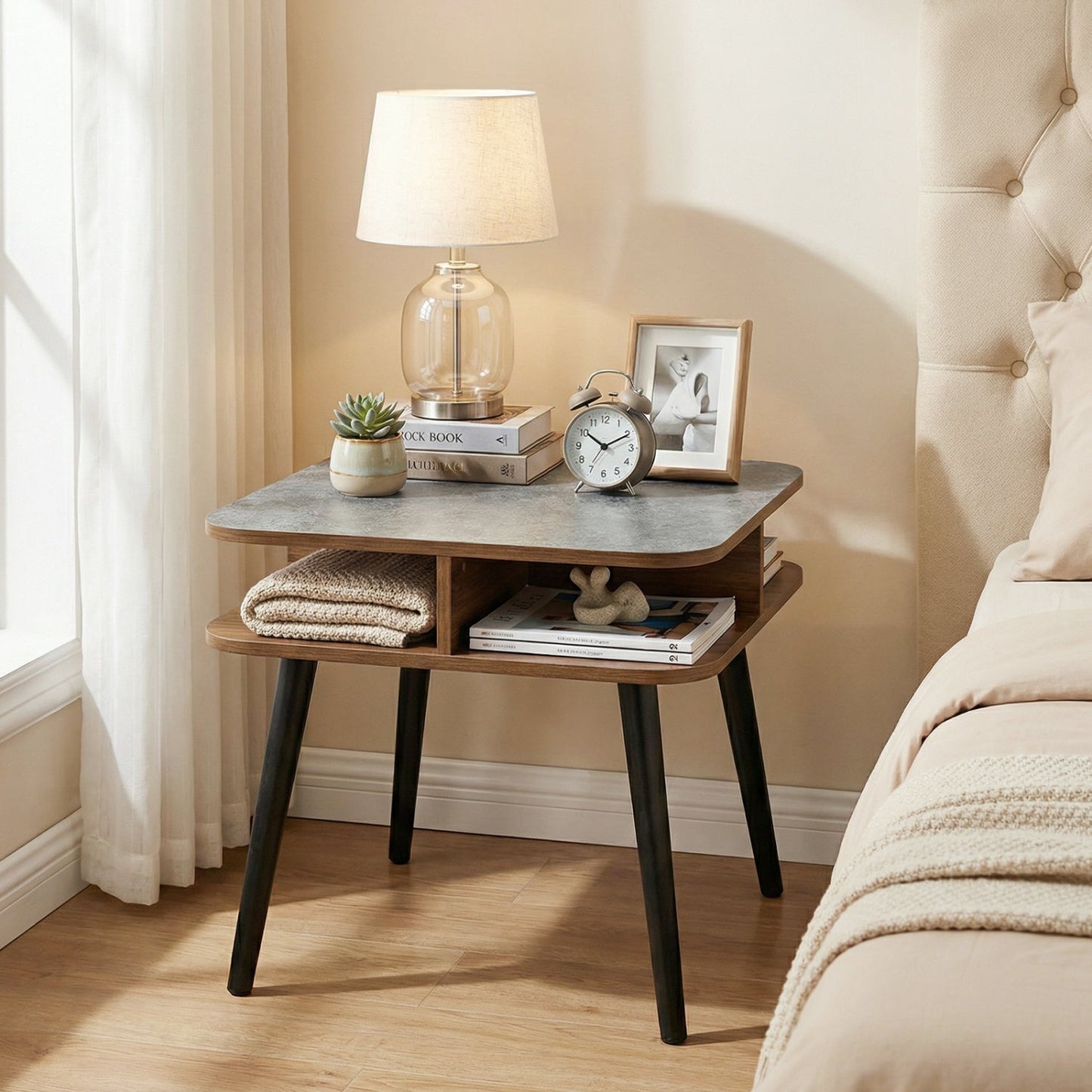 Side Table Faux Marble End Table with Storage Shelves and Rubber Wood Legs