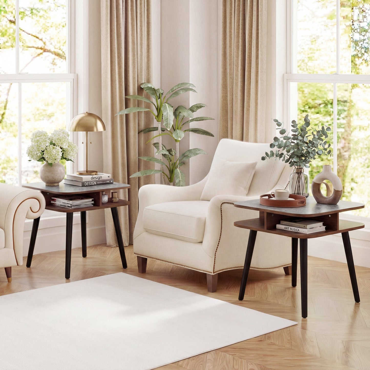 Side Table Faux Marble End Table with Storage Shelves and Rubber Wood Legs