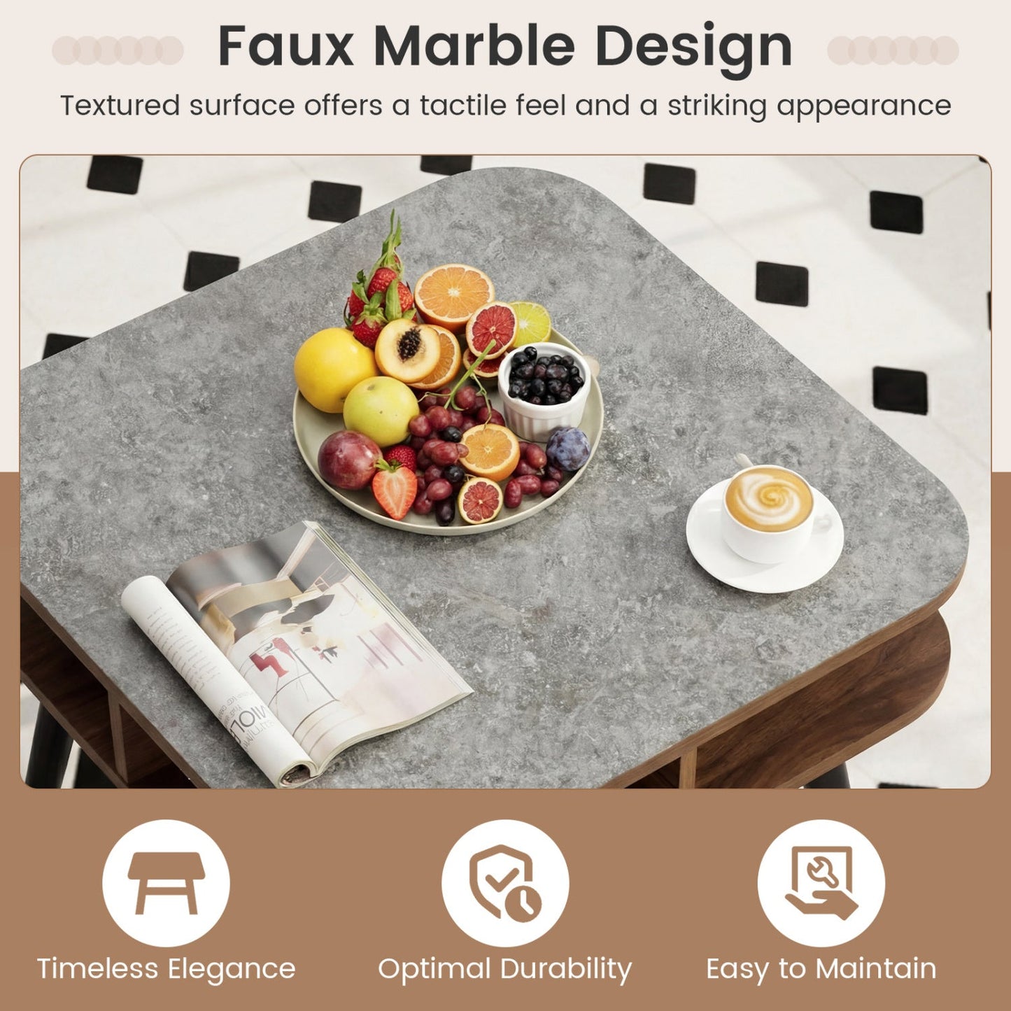 Side Table Faux Marble End Table with Storage Shelves and Rubber Wood Legs