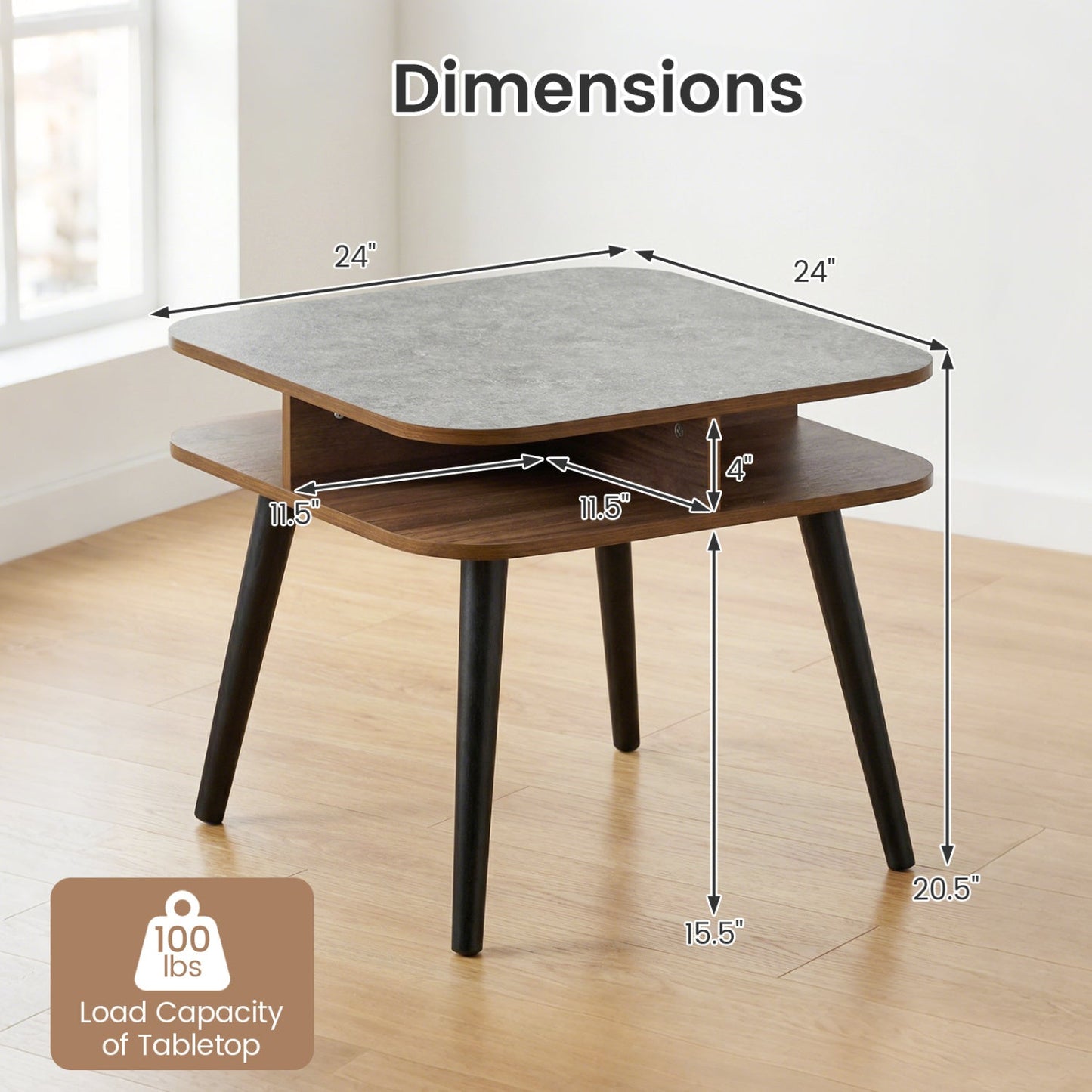 Side Table Faux Marble End Table with Storage Shelves and Rubber Wood Legs