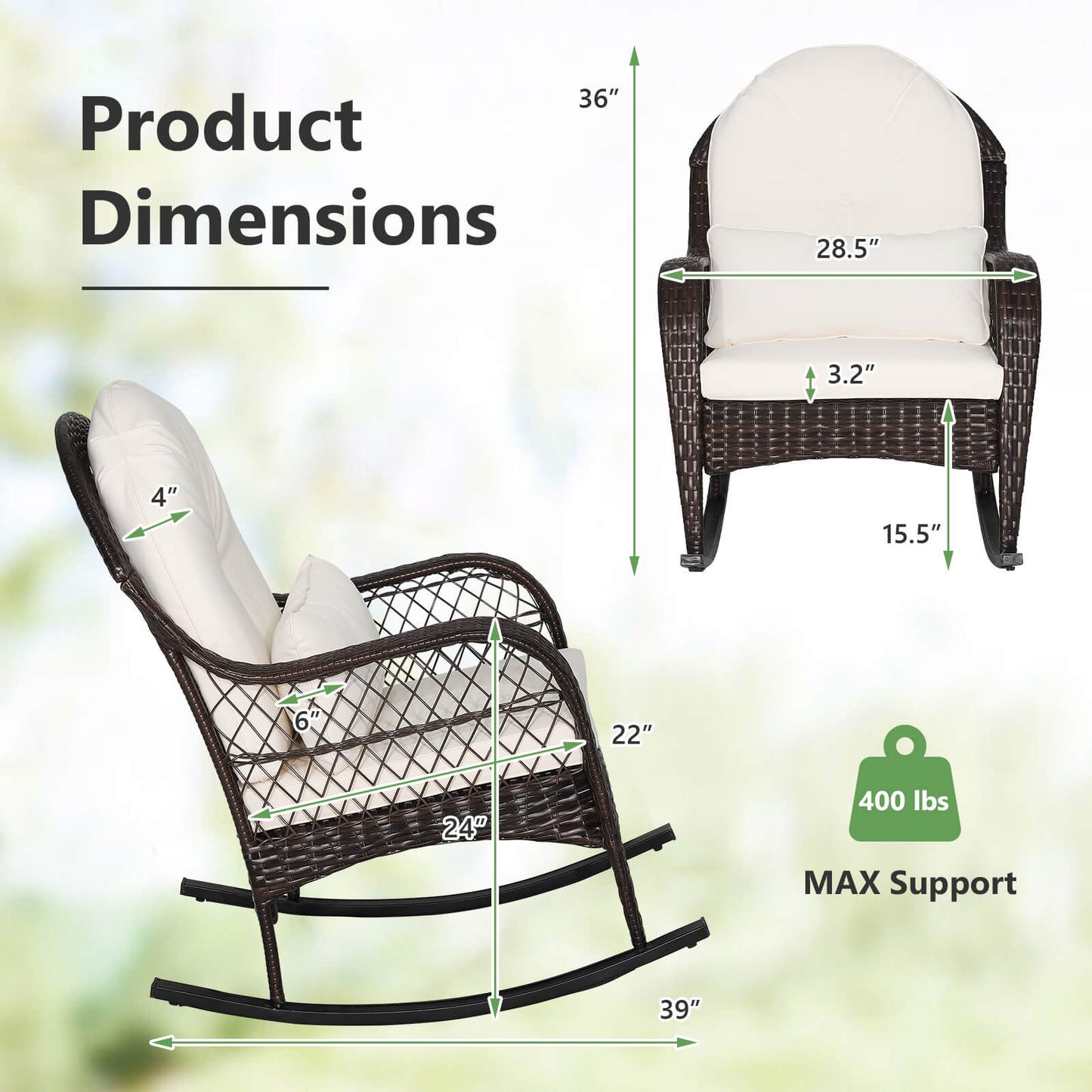 Patio Rattan Rocking Chair with Cushions and Waist Pillow