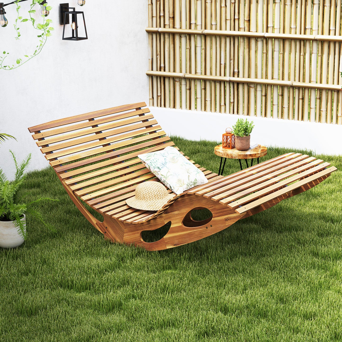 Acacia Wood Dual Rocker Sunbed 2-Seat Patio Lounger