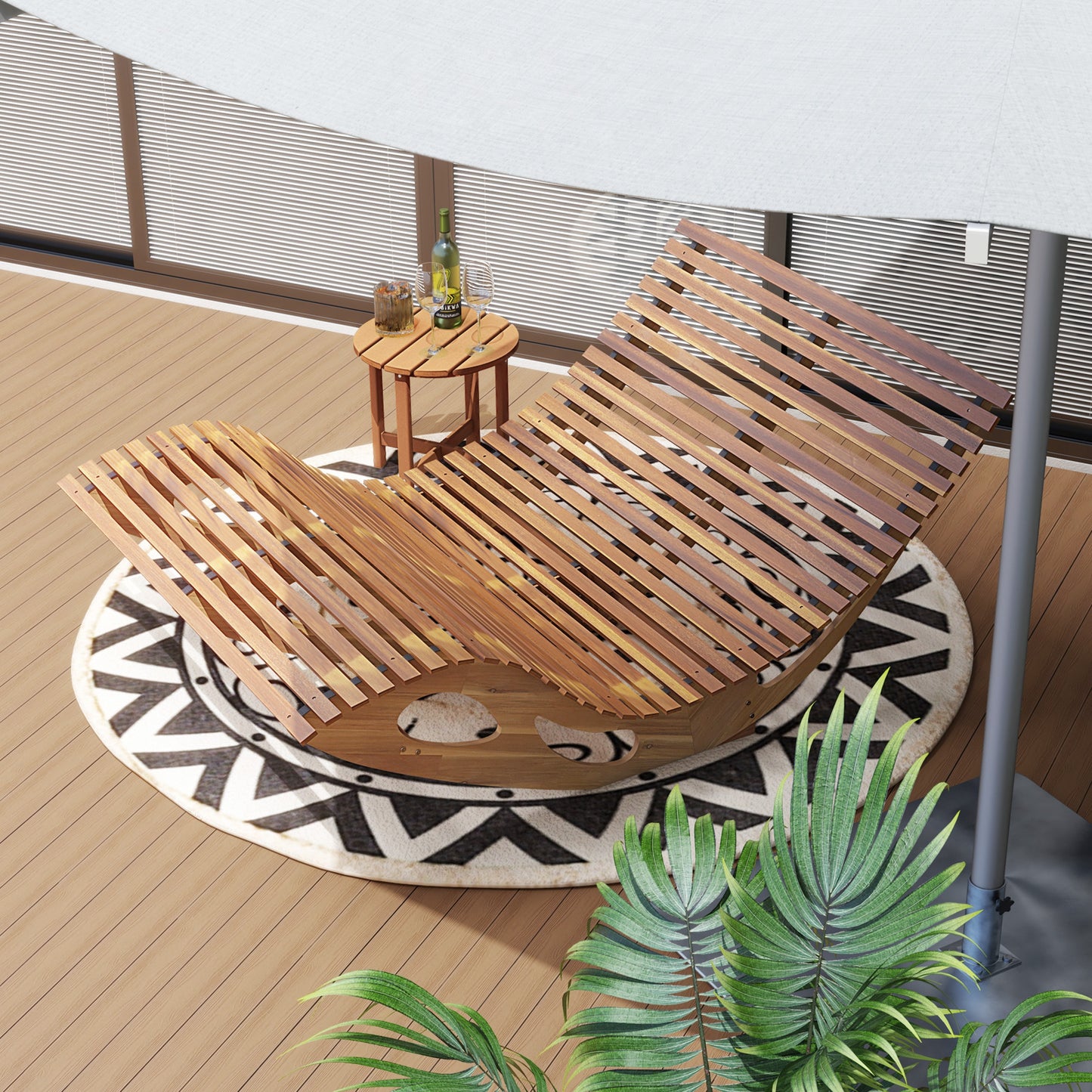 Acacia Wood Dual Rocker Sunbed 2-Seat Patio Lounger