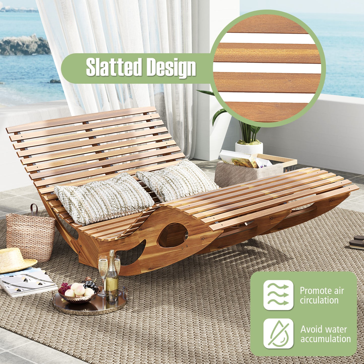 Acacia Wood Dual Rocker Sunbed 2-Seat Patio Lounger